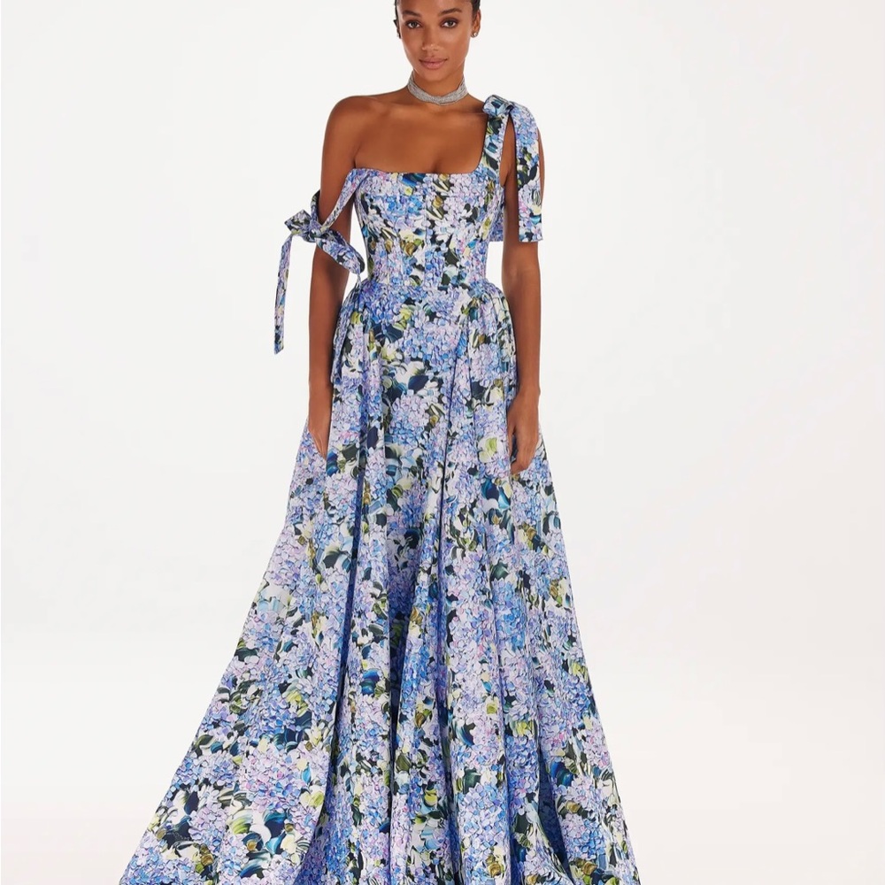 Blue and White Asymmetrical Pleated Gown